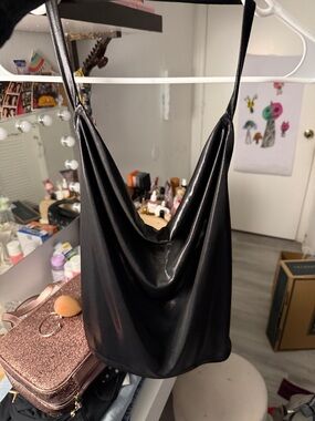 Sincerely Jules Black Satin Cowl Neck Crop Top